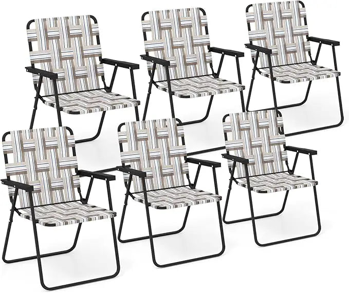 Beach Chairs Set of 6, Patio Folding Lawn Chairs for Adults, Outdoor Webbing Chair w/Steel Frame, Lightweight & Portable