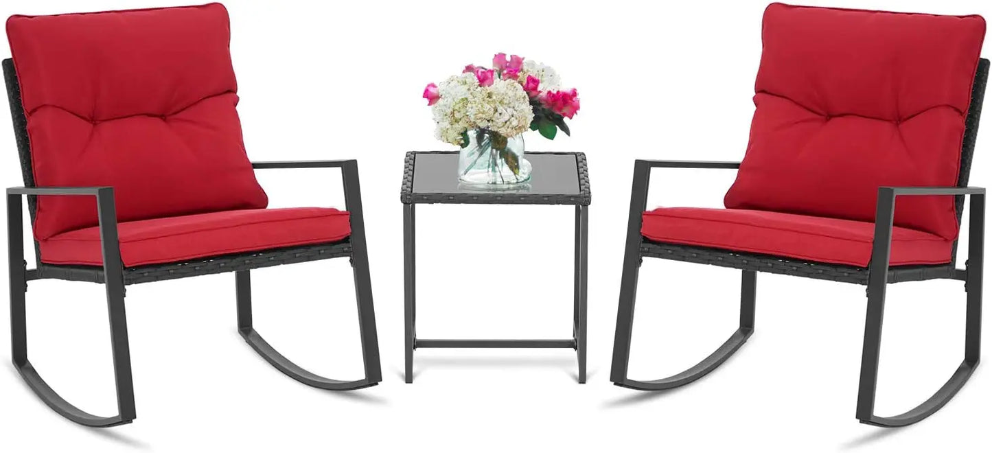 3 Piece Outdoor Rocking Bistro Set Black Wicker Furniture Porch Chairs Conversation Sets with Glass Coffee Table