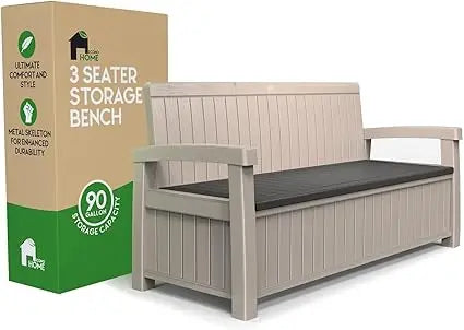 3 Seat Outdoor Storage Bench - 90 Gallon Capacity - Weatherproof Resin Bench for Patio, Porch, Garden, Yard, Pool Area - Furnit