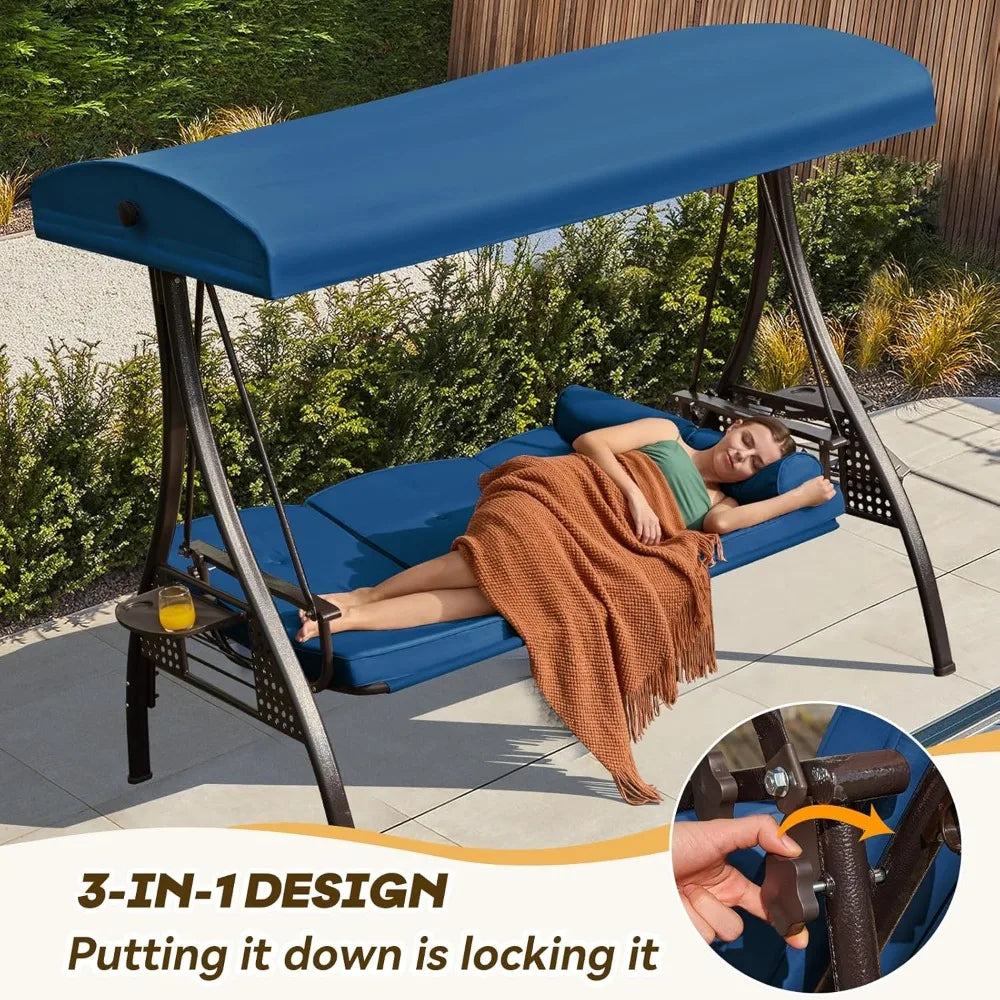 3 in 1 Outdoor Porch Swing with Adjustable Canopy, 3 Seat Outdoor Swing for Adults, Patio Swing Chair with Thickened Cushions,Pi