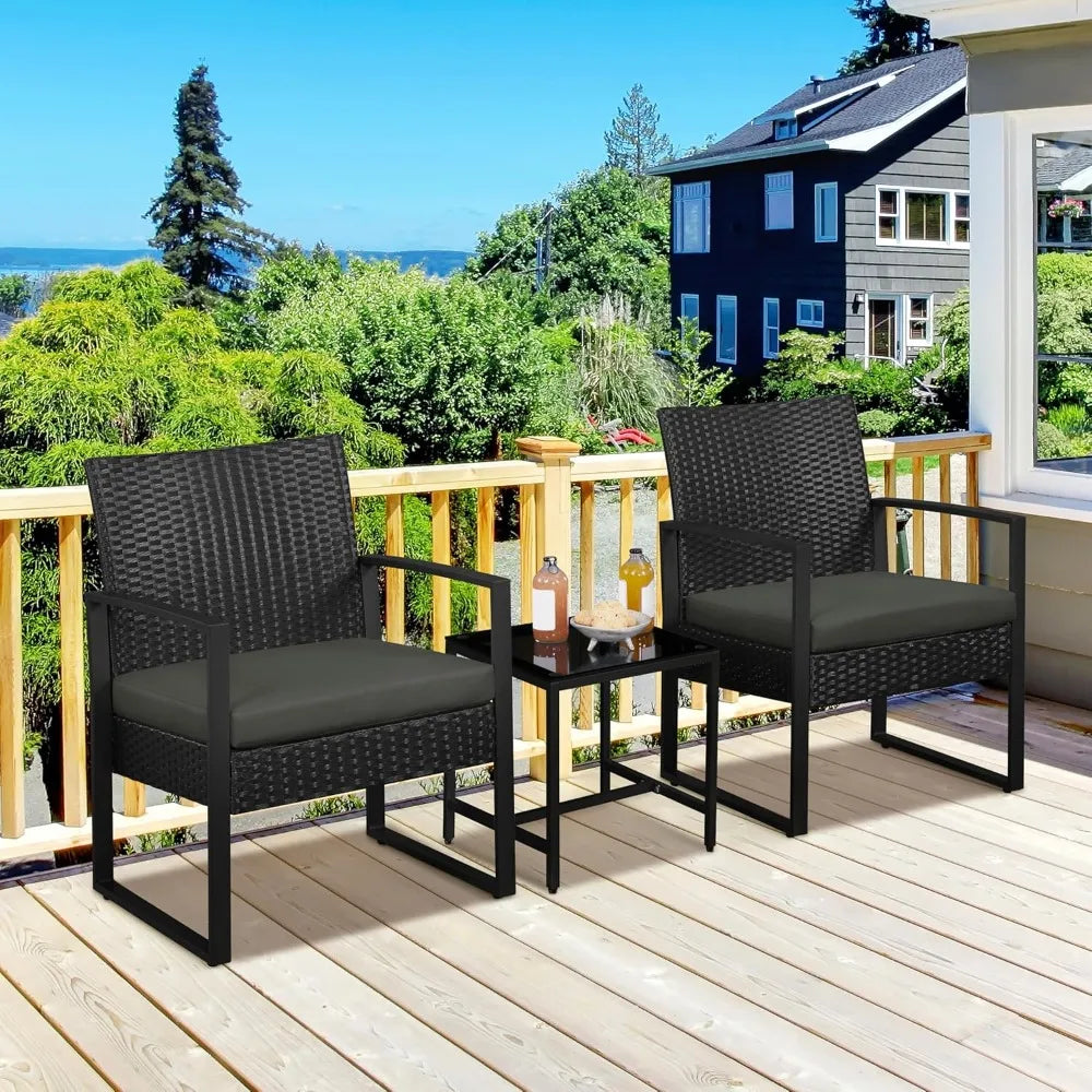 3 Pieces Rattan Bistro Set, Indoor/Outdoor Wicker Patio Modern Conversation Furniture, 2 Chairs & Tempered Glass Coffe Table
