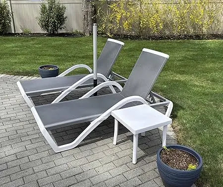 Patio Chaise Lounge Chair Set Outside Aluminum Plastic Stackable Tanning Chairs with Armrests and Side Table for Pool Sunbathin