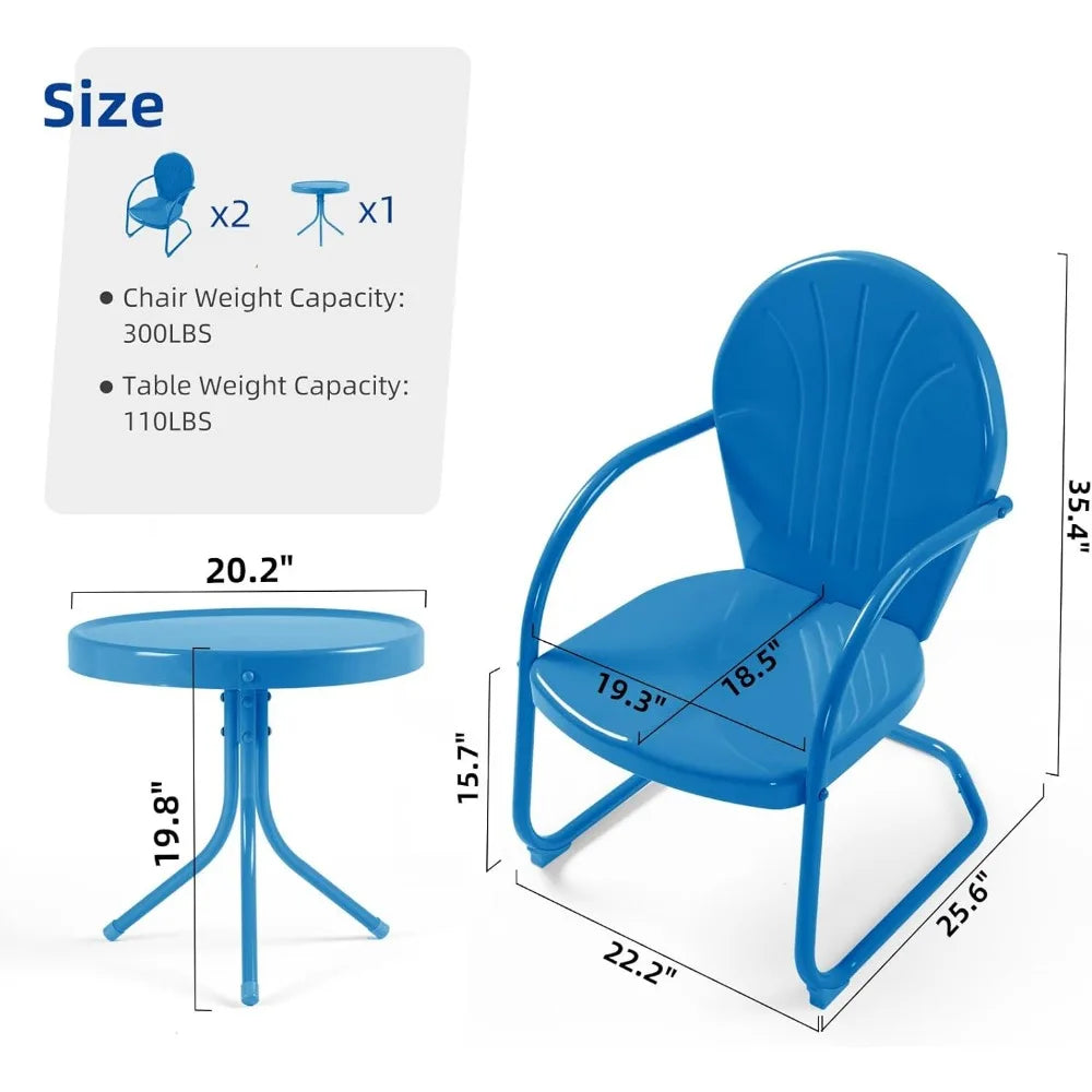 Patio Bistro Set Retro Metal Outdoor Seating Conversation 3 Pieces, 2 C-Spring Motion Armchairs and Round Side Table