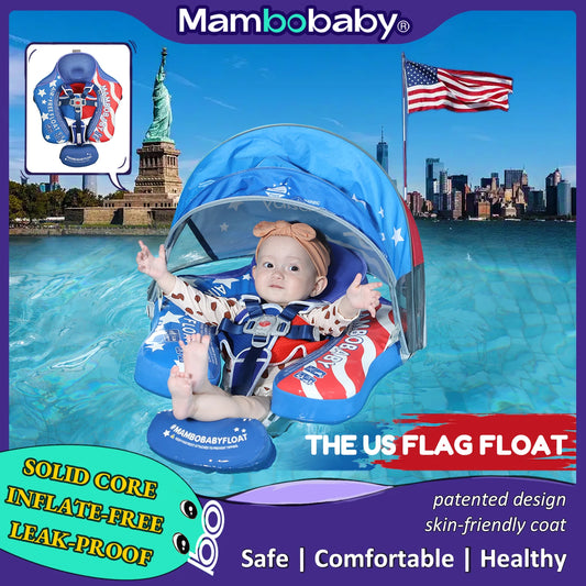 MAMBOBABY FLOAT Sunny Navigator Baby Pool Float with Canopy US Flag Safe  Air-Free Core , Comfortable, Adjustable Sun Protection