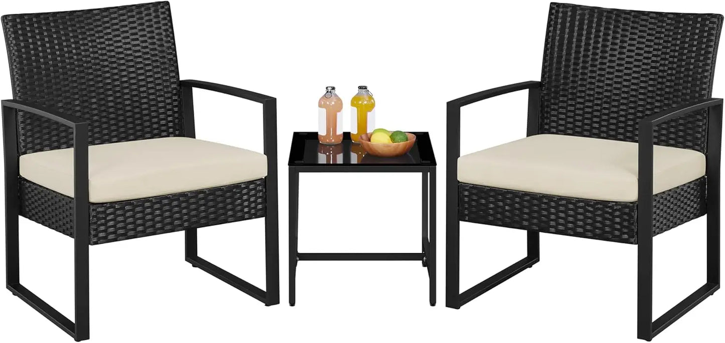 3 Pieces Rattan Bistro Set, Indoor/Outdoor Wicker Patio Modern Conversation Furniture, 2 Chairs & Tempered Glass Coffe Table