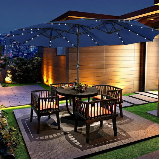 15 ft Large Patio Umbrella with Solar Lights Double-Sided Outdoor Rectangle Market Umbrellas with 36 LED Lights/Base Included