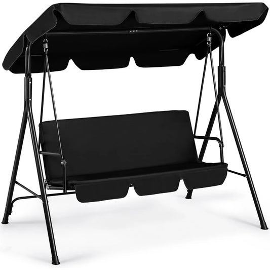 3-Seat Patio Swing Chair, Outdoor Canopy Swing with Adjustable Canopy & Removable Cushion, Hanging Lounge Chair for Patio