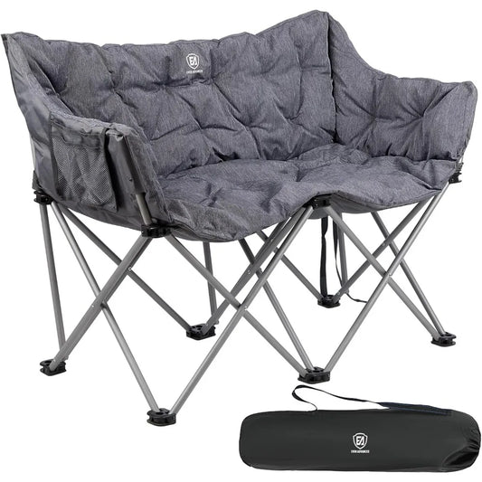 Double Camping Chair for Adults, Padded Folding Camping Love Seat Bench with Side Pocket Portable Camping Couch, Two Person Hea