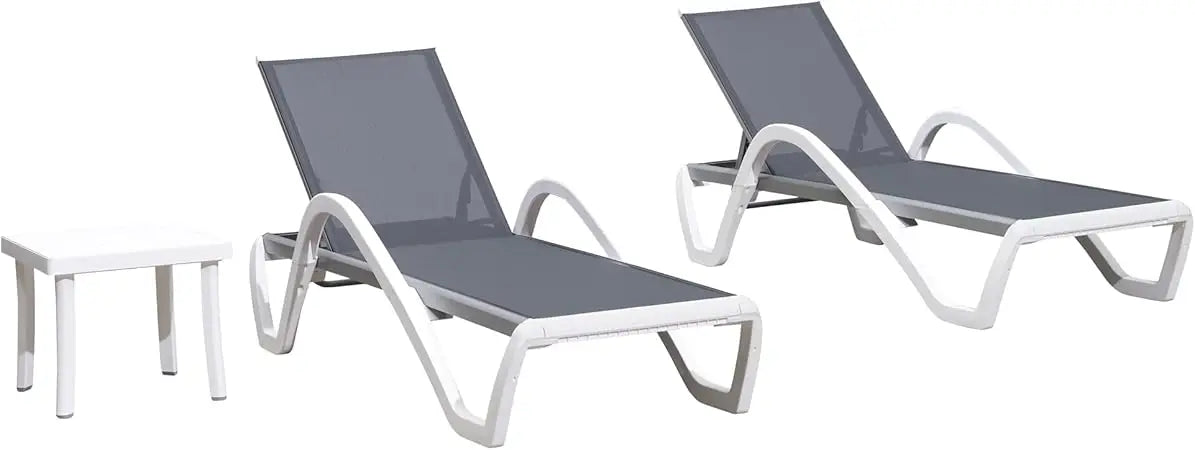 Patio Chaise Lounge Chair Set Outside Aluminum Plastic Stackable Tanning Chairs with Armrests and Side Table for Pool Sunbathin
