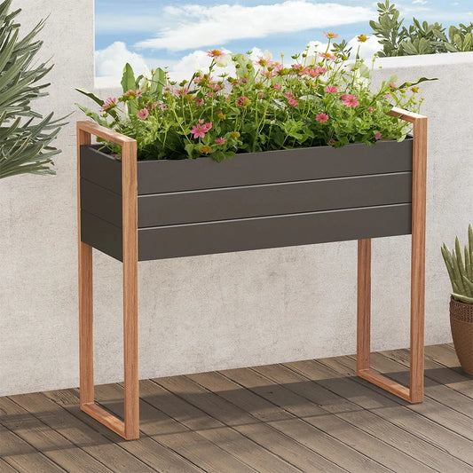 Metal Raised Garden Bed, Outdoor Raised Planter Box with Woodgrain Finish, Elevated Planter Box