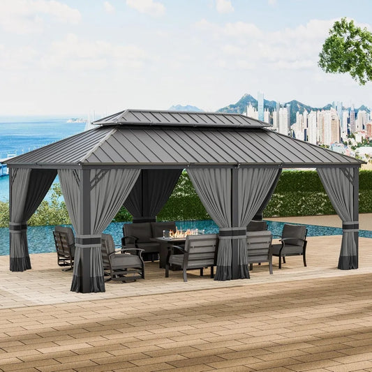 Hardtop Gazebo Outdoor Aluminum Frame Permanent Gazebo Galvanized Steel Double Roof Gazebos with Nettings and