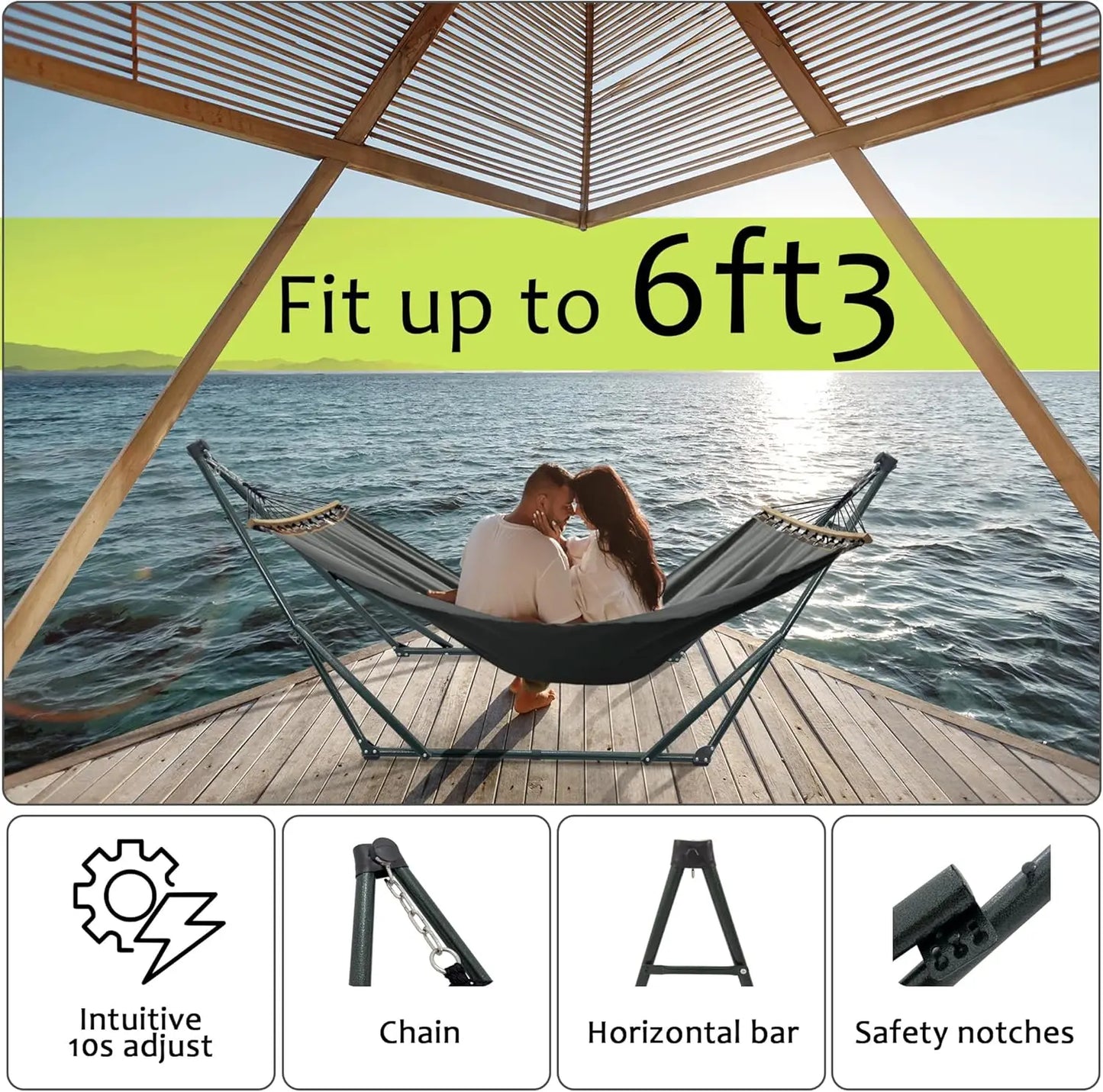 Adjustable Foldable Hammock Stand with 2 Layered Polyester Net and Carry Bag for 2 Persons (3. Canvas - Grey)