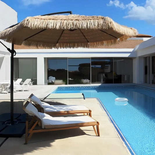 No Base Cantilever Tiki Thatch Patio Umbrella, Hand-Push Tilt Offset Umbrella for Outdoor, Poolside, Backyard