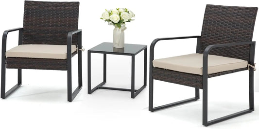 3 Piece Outdoor Patio Furniture Set, Patio Bistro Set Wicker Conversation Set, Modern Rattan Chair with Glass Coffee Table for B