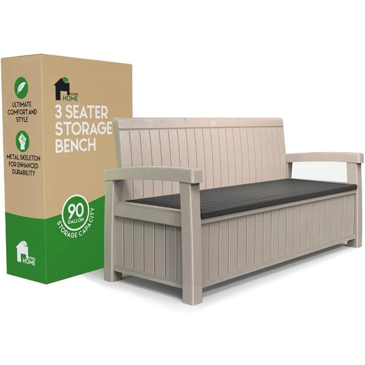 3 Seat Outdoor Storage Bench - 90 Gallon Capacity - Weatherproof Resin Bench for Patio, Porch, Garden, Yard, Pool Area - Furnit
