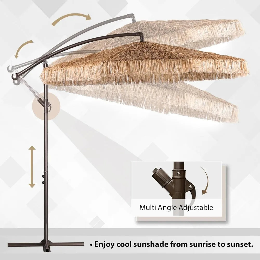 No Base Cantilever Tiki Thatch Patio Umbrella, Hand-Push Tilt Offset Umbrella for Outdoor, Poolside, Backyard
