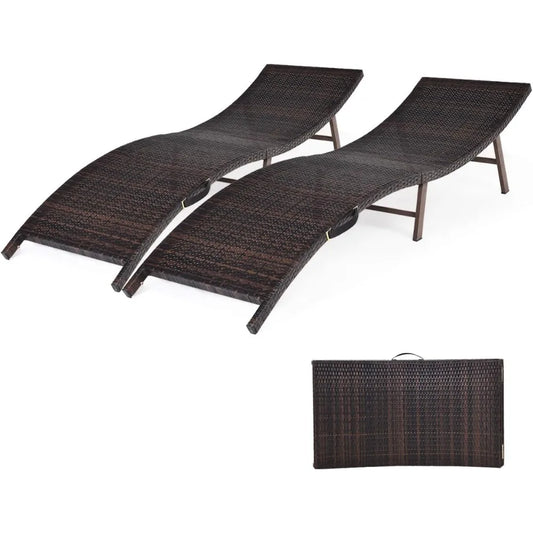 Set of 2 Patio Chaises, Foldable Outdoor Patio Wicker Lounger Chair, with Double-Sided Cushions, Suitable for Poolside