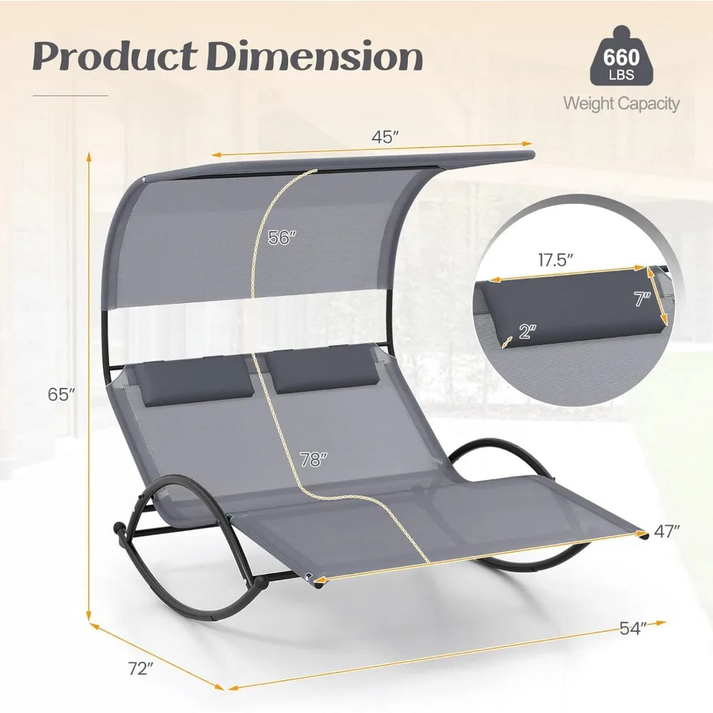 Outdoor Chaise Lounge Rocker, 2-Person Rocking Daybed Sun Lounger with Sun Shade Canopy & Headrest Pillows,