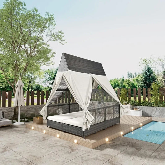 Outdoor Daybed, Outdoor Couch with 4 Pillows and Adjustable Backrest,with Curtains for Backyard, Garden, Roof Shape Outdoor Bed