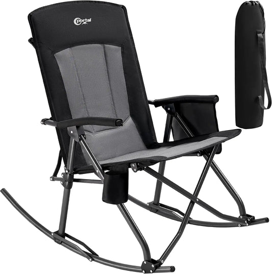 Oversized Folding Rocking Chair. Portable Outdoor Rocker. High Back, Hard Armrests. Carry Bag. Supports 400 lbs. Mesh Back.