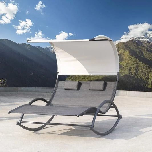 Outdoor Double Chaise Lounge Chair Swing Rocking Portable Hammock Bed Loveseat with Sun Shade & Wheels for Patio, Yard, Pool (B