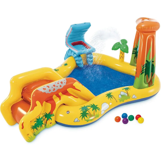 Inflatable Dinosaur Play Center Outdoor Playhouse Inflatable Water Park with Kid Pool Slide, Water Sprayer, Waterfall