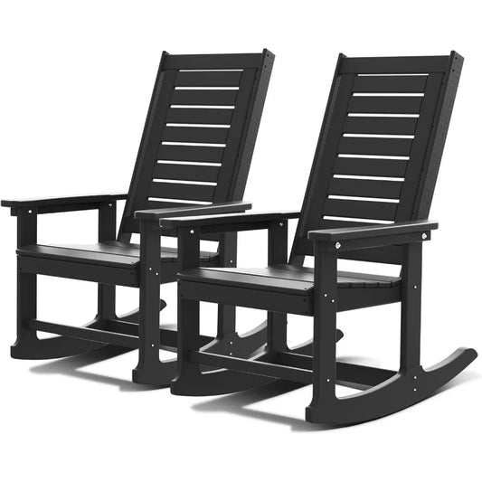 Outdoor Rocking Chairs Set of 2 | Porch Rocker HDPE Plastic | Black Oversized Rockers High Back Big & Tall