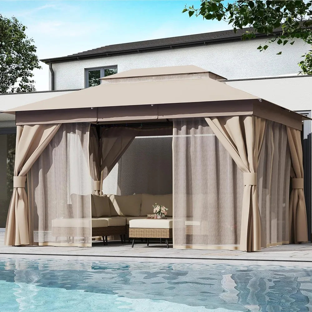Outdoor Patio Gazebo 10'x13' with Expansion Bolts, Heavy Duty Gazebos Party Tent Shelter with Double Roofs, Mosquito Nets and P