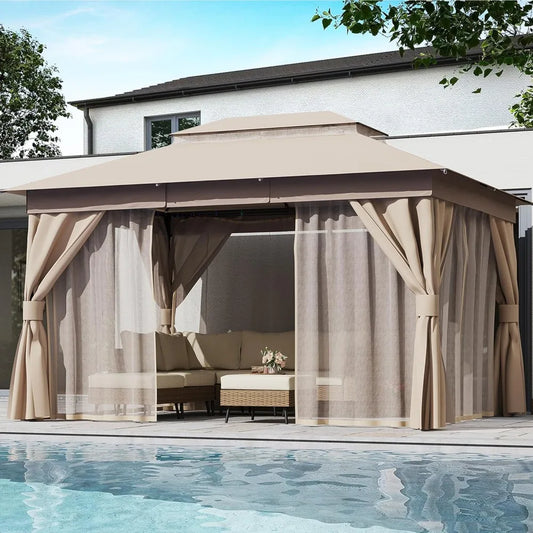 Outdoor Patio Gazebo 10'x13' with Expansion Bolts, Heavy Duty Gazebos Party Tent Shelter with Double Roofs, Mosquito Nets and P