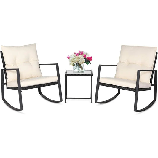 3 Piece Outdoor Rocking Bistro Set Black Wicker Furniture Porch Chairs Conversation Sets with Glass Coffee Table
