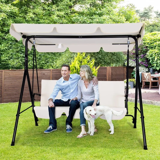 3-Seat Patio Swing Chair with Adjustable Canopy, Outdoor Porch Swing with Durable Steel Frame for Patio, Garden, Poolside