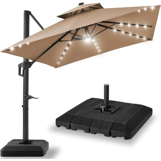 10x10ft Cantilever Patio Umbrella w/Base Included, Solar LED Lights 360 Rotation Large Offset Hanging Outdoor Shade for Deck Po