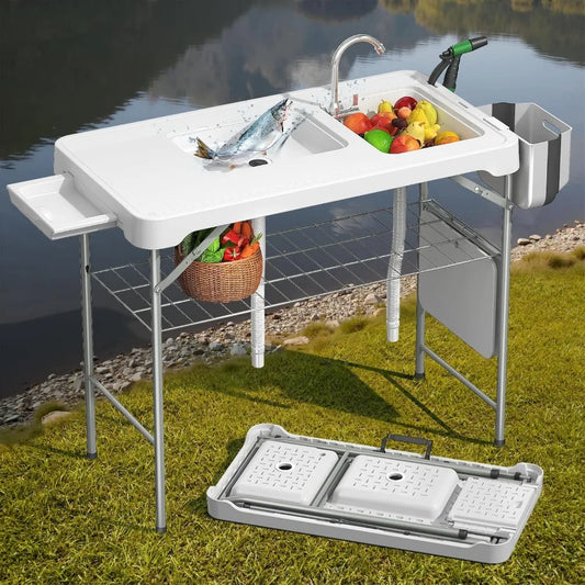 42.5" Fish Cleaning Table with Sink – Portable Outdoor Sink Station for Camping, Fishing, and Picnics Folding Camping Sink