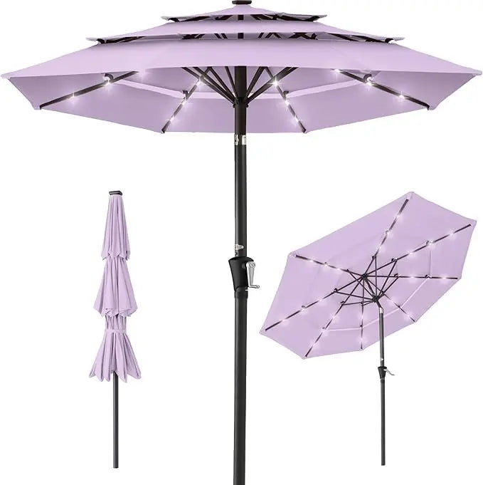 10ft 3-Tier Solar Patio Umbrella, Outdoor Market Sun Shade for Backyard, Deck, Poolside w/ 24 LED Lights, Tilt Adjustment, Easy