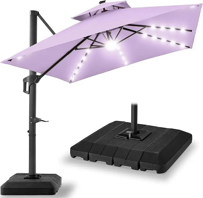 10x10ft Cantilever Patio Umbrella w/Base Included, Solar LED Lights 360 Rotation Large Offset Hanging Outdoor Shade for Deck Po