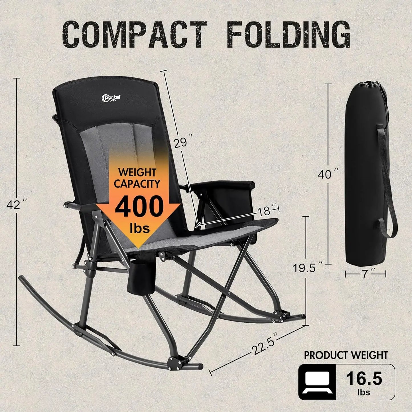 Oversized Folding Rocking Chair. Portable Outdoor Rocker. High Back, Hard Armrests. Carry Bag. Supports 400 lbs. Mesh Back.