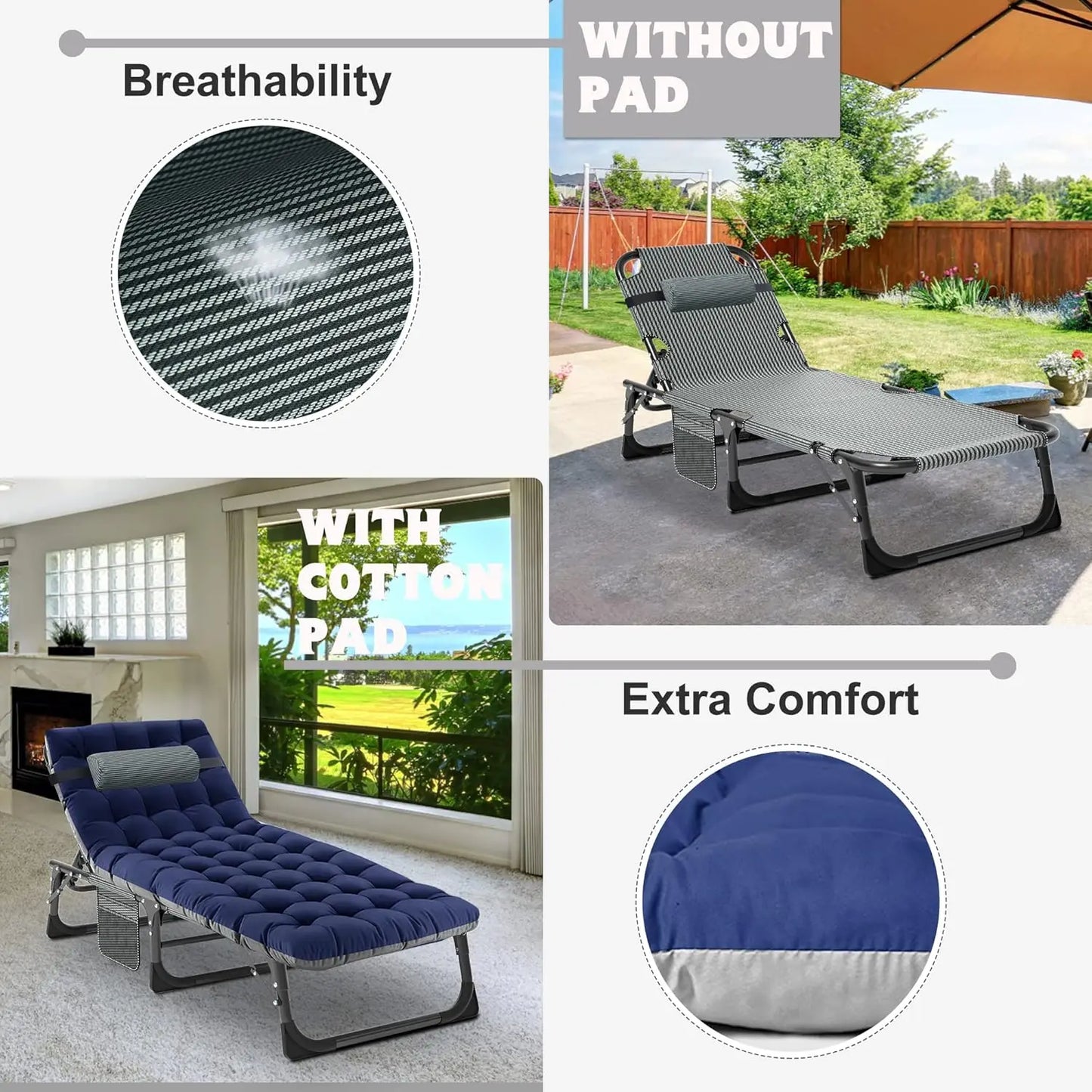 2PK Heavy Duty Tanning Chair,  Portable Beach Lounge Chair for Outdoor Sunbathing Patio Pool Lawn Deck Poolside