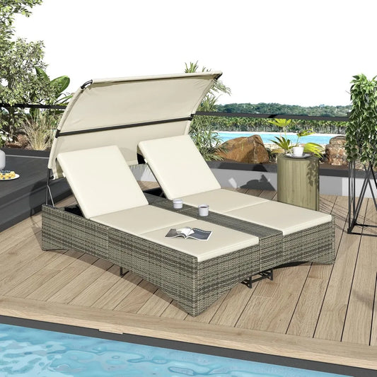 Outdoor Bed Patio Daybed with Shelter Roof, Outdoor Rattan Sun Lounger with Adjustable Backrest, Storage Box and 2 Cup Holders
