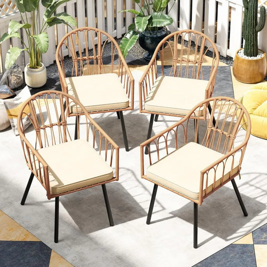 Bistro Chairs Set of 4 Rattan Outdoor Dining Chairs with Arms & Cushions Woven Rattan Chair with Curved Backrest All-Weather Wi