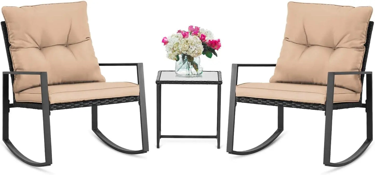 3 Piece Outdoor Rocking Bistro Set Black Wicker Furniture Porch Chairs Conversation Sets with Glass Coffee Table
