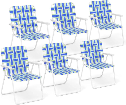 Beach Chairs Set of 6, Patio Folding Lawn Chairs for Adults, Outdoor Webbing Chair w/Steel Frame, Lightweight & Portable
