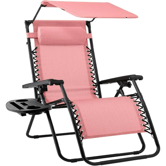 Folding Zero Gravity Outdoor Recliner Patio Lounge Chair w/Adjustable Canopy Shade, Headrest, Side Accessory Tray,