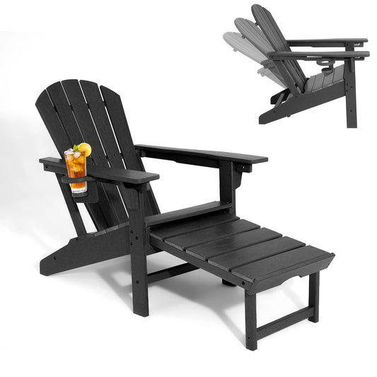 3 Level Adjustable Adirondack Chair with Retractable Ottoman, HDPE All-Weather Fire Pit Chair with Cup Holders, Outdoor Chair