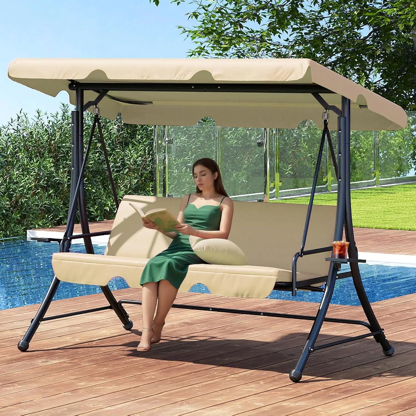 Swing with Canopy, Outdoor Porch Swing with Stand for Adults, Glider Swings for Outdoors with 2 Side Table