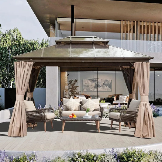 10' X 12' Hardtop Gazebo with Polycarbonate Double Roof, Aluminum Frame, Curtains & Netting, All-Weather Backyard
