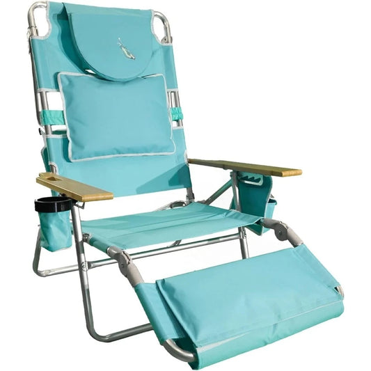 Deluxe Reclining Lounge Chair, 3 in 1 Folding Outdoor Beach Lounger, for Lawn, Pool, Patio, Aqua - Heavy-Duty Portable Chair