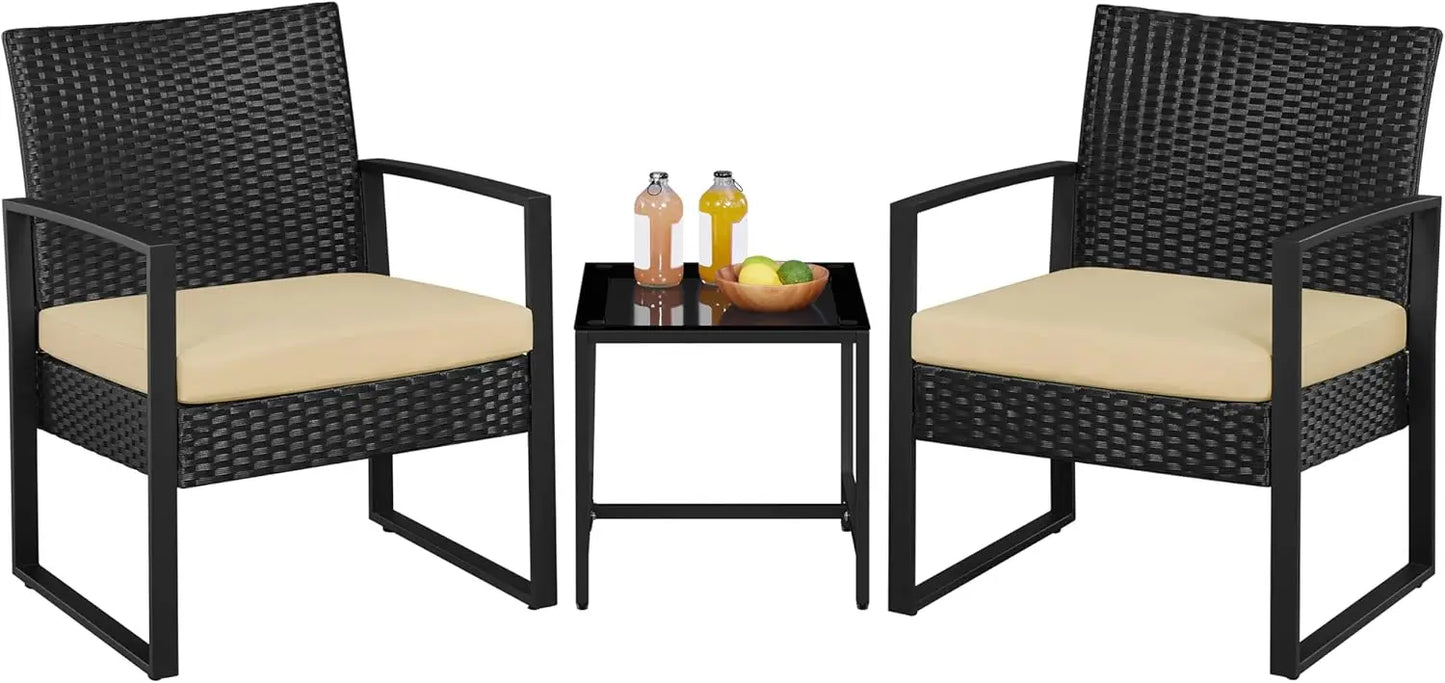 3 Pieces Rattan Bistro Set, Indoor/Outdoor Wicker Patio Modern Conversation Furniture, 2 Chairs & Tempered Glass Coffe Table