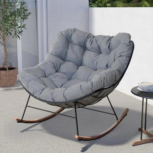 Rocking Chair Outdoor, E-Coated Papasan Rocking Chair with Cushion, Outdoor Oversized Recliner Rocker for Patio Porch  Garden