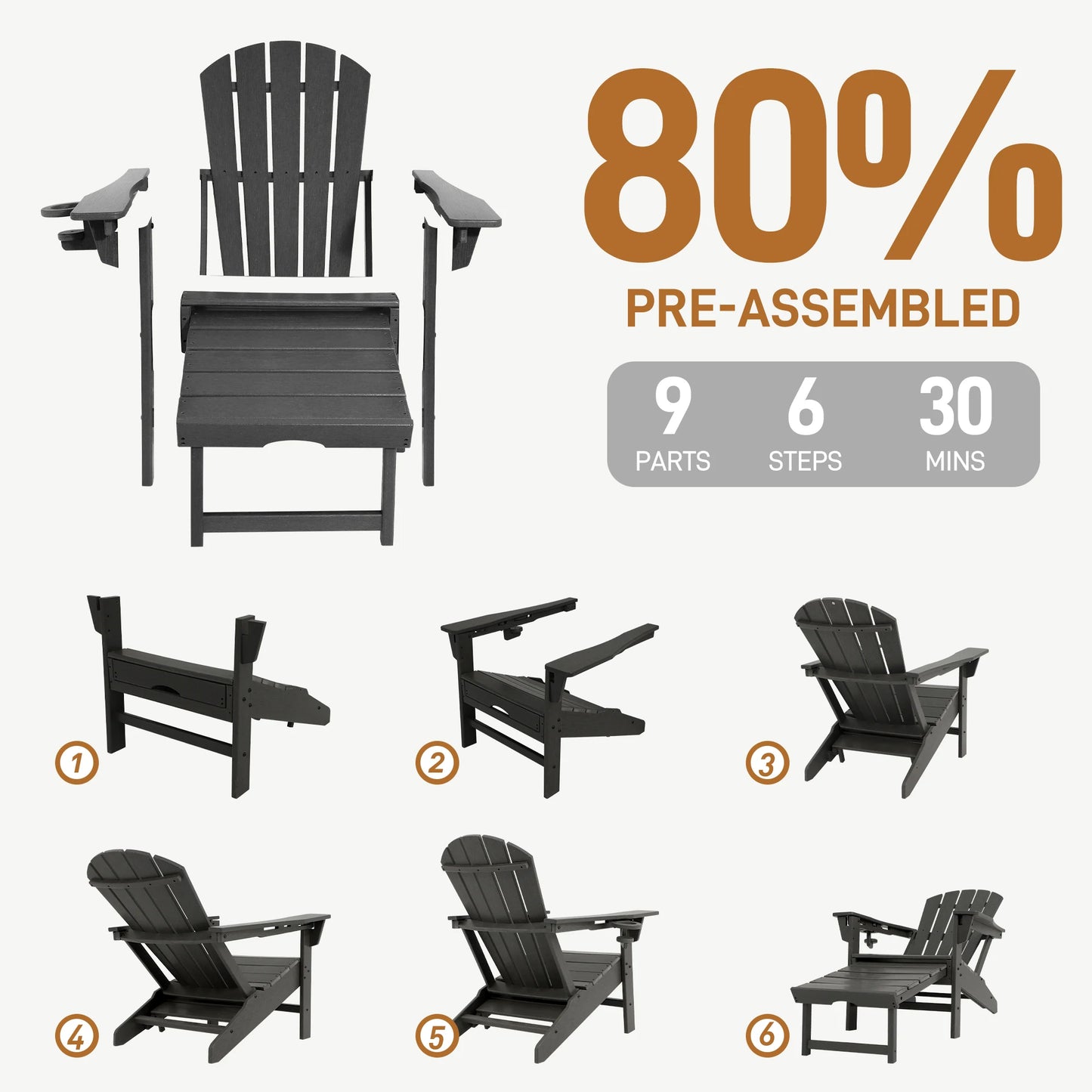3 Level Adjustable Adirondack Chair with Retractable Ottoman, HDPE All-Weather Fire Pit Chair with Cup Holders, Outdoor Chair