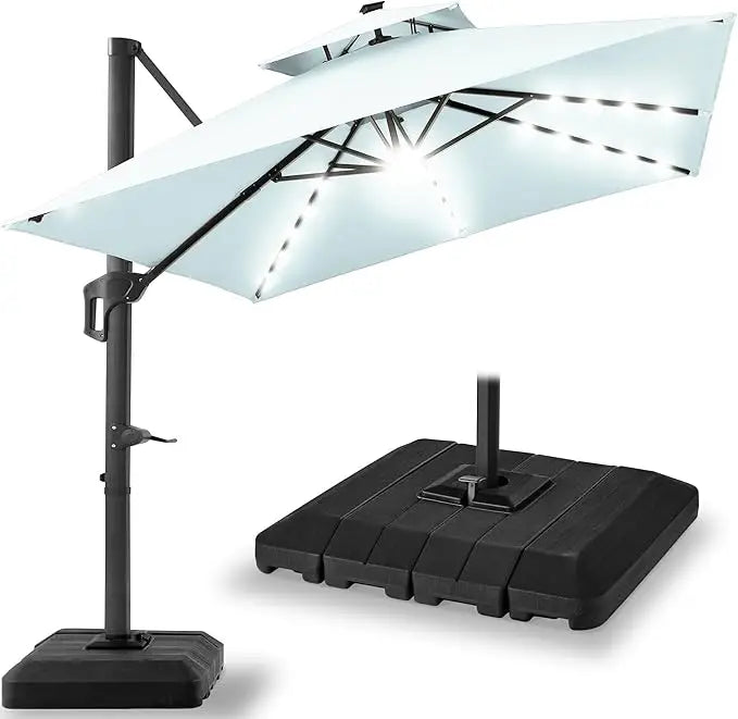 10x10ft Cantilever Patio Umbrella w/Base Included, Solar LED Lights 360 Rotation Large Offset Hanging Outdoor Shade for Deck Po